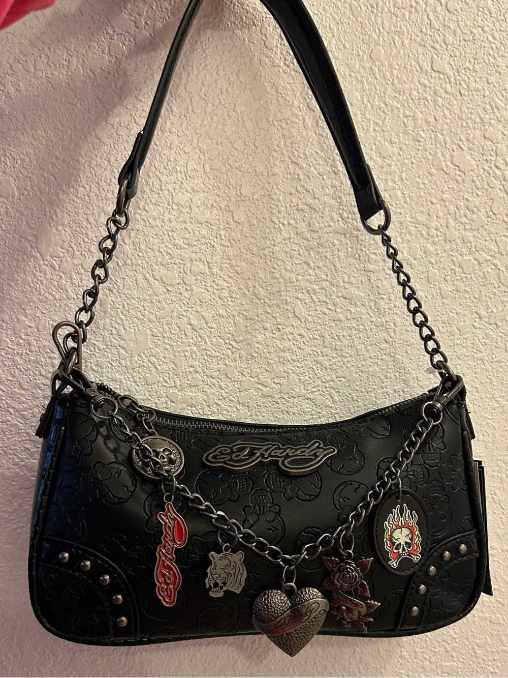 Ed Hardy Black Embossed Shoulder Bag w/ Chain Charms, Skulls & Studs Y2K NWT